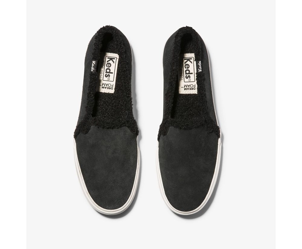 Keds Slip Ons Damen Schwarz - Double Decker Suede Faux Shearling - KLC-295684